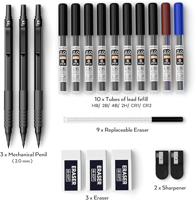 Nicpro Black Metal 2.0 Mechanical Pencil Set with Case, 3 PCS Drafting Lead Holder with 2mm Graphite Lead Refill (HB 2H 4H 2B 4B) & Colors, Sharpeners, Erasers for Artist Writing, Drawing, Sketching