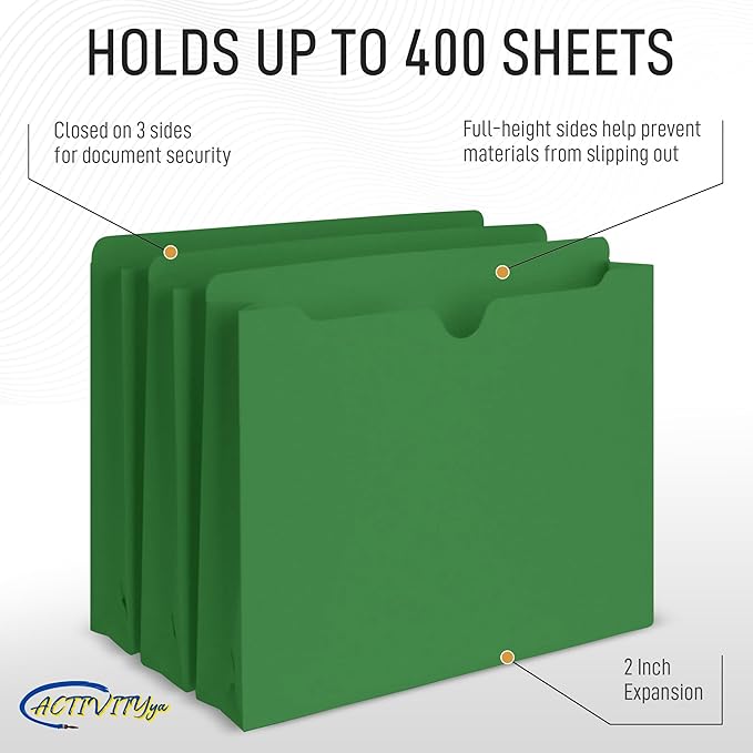 Green File Jackets, 2 Inch Expansion, Letter Size, Reinforced Straight-Cut Tab, 6 Pack
