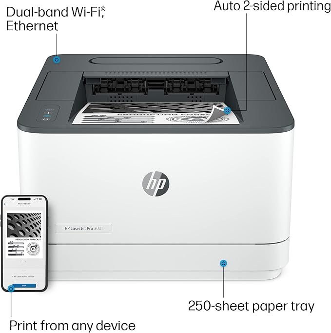 HP LaserJet Pro 3001dw Wireless Black & White Printer, Best-for-Office (3G65OF)