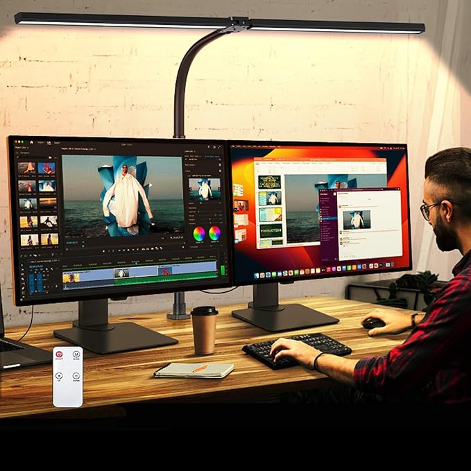 Double Head LED Desk Lamp with Remote Control Tall Desk Lamps for Home Office 24W Brightest Computer Desk Light Office Lamp for Workbench Drafting Architect Study Reading with Anti-Glare Cover