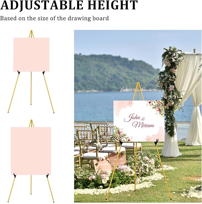 Display Artist Easel Stand - 63" Instant Tripod Collapsible Portable Floor Easel - Easy Folding Adjustable Art Poster Metal Stand for Display Show, Wedding, Painting - Gold