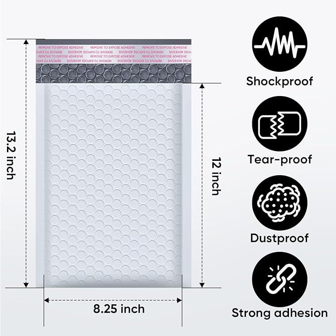 CHMI White Bubble Mailers 8.5 x 12 Inch 100 Pack, Usable Size 8.25X12 Inch Poly Mailers,Mailing Envelopes,Shipping Mailer，Opaque Self Seal Adhesive Waterproof Bags for Packaging and Shipping.