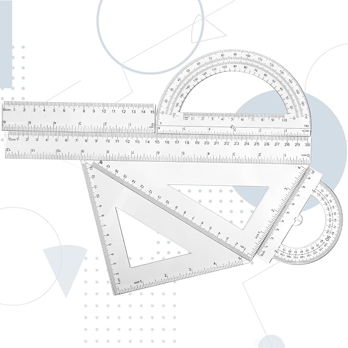 Tenare 6 Pcs Plastic Ruler Math Set Includes 12 Inch 6 Inch Straight Protractor Triangle Geometry Transparent Math Ruler Measuring Tools for School Office Home(Clear)