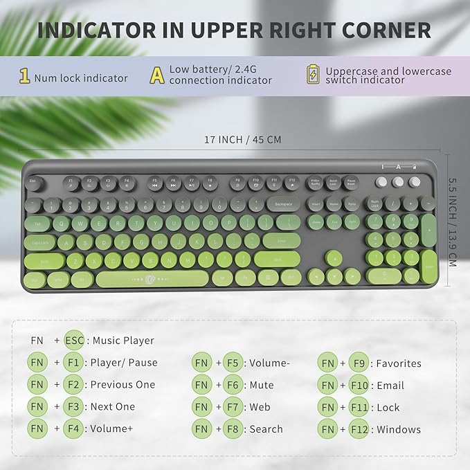 Wireless Keyboard and Mouse Combo, 2.4 GHz Wireless Full-Sized Typewriter Keyboard with Round Keycaps for Windows, Computer, Desktop, PC, Laptop (GreyGreen)