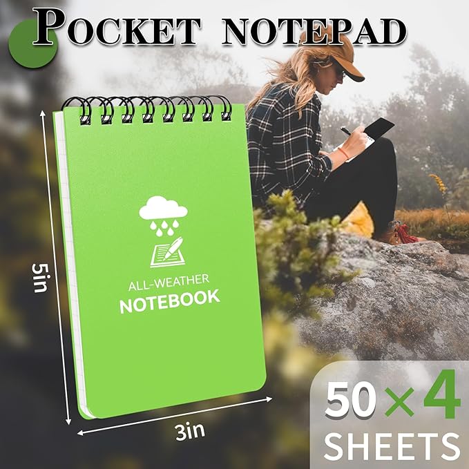 Waterproof Notebook, 4 Pack Top-Spiral Pocket Notepad, 3" x 5" Weatherproof NotePad, All Weather Police Pocket Notebook Little Memo Steno Note Pads for Outdoor Office School Recording, Black