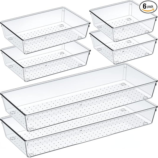 Criusia 6 Pcs Large Size Clear Drawer Organizer Set, Acrylic Non Slip Non Cracking Kitchen Drawer Storage Tray Divider, Multifunctional Storage for Cosmetics, Bathroom, Tools, Kitchen and Office