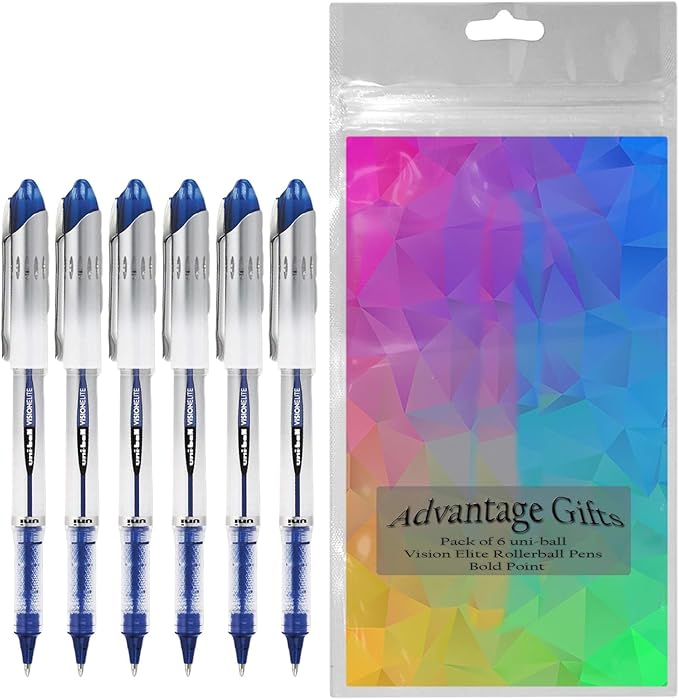 Vision Elite Rollerball Pens, Bold Point (0.8mm), Blue Ink, 6 count, Bundle with Plastic Reusable Pouch