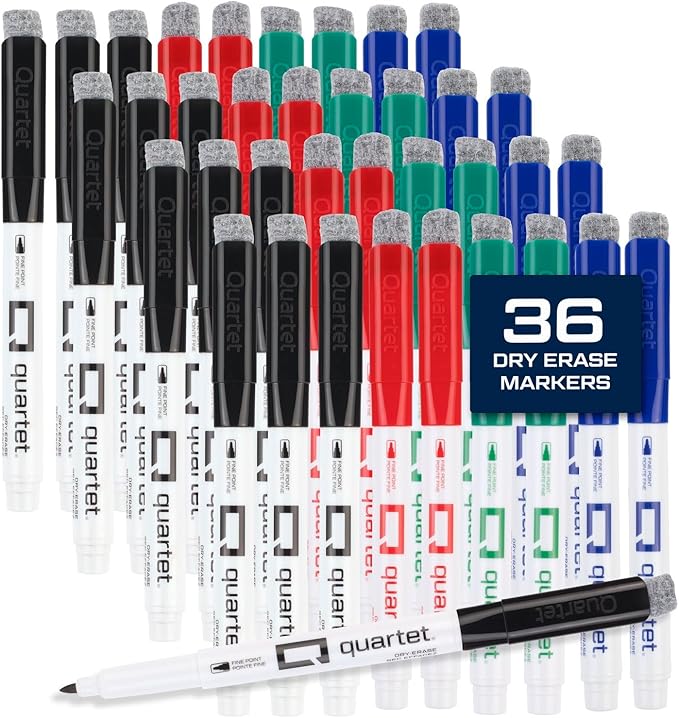 Quartet Dry Erase Markers, Fine Tip White Board Dry Erase Markers with DryGuard Ink Protection, Office Essentials, Black, Red, Blue, Green, 36 Pack (Q120Z03-R)