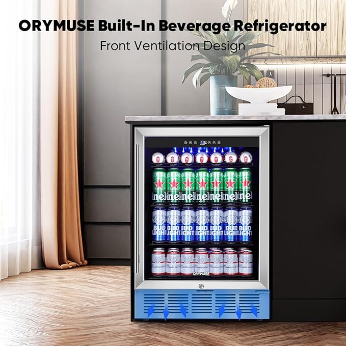 24" Beverage Refrigerator & Cooler, 180 Cans Under Counter Fridge with Lock, Glass Door & Powerful Cooling Compressor - Quiet, Built-in/Freestanding Drink Fridge
