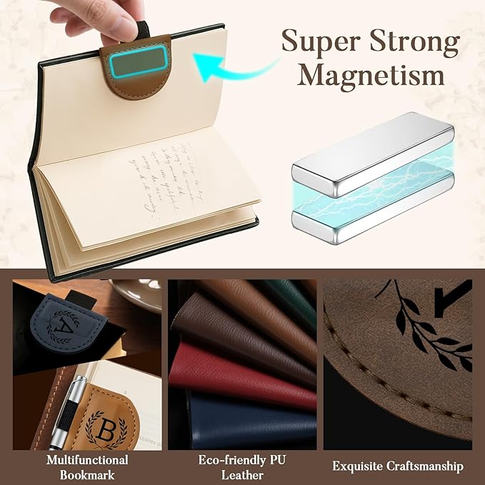 Personalized Bygone Mark Bookmark with Pen Holder,Engraving Leather Magnetic Bookmarks Vintage 26 Letters Name Initials Text Book Marker Clips Gifts for Reading Book Lovers Women (Brown, O)