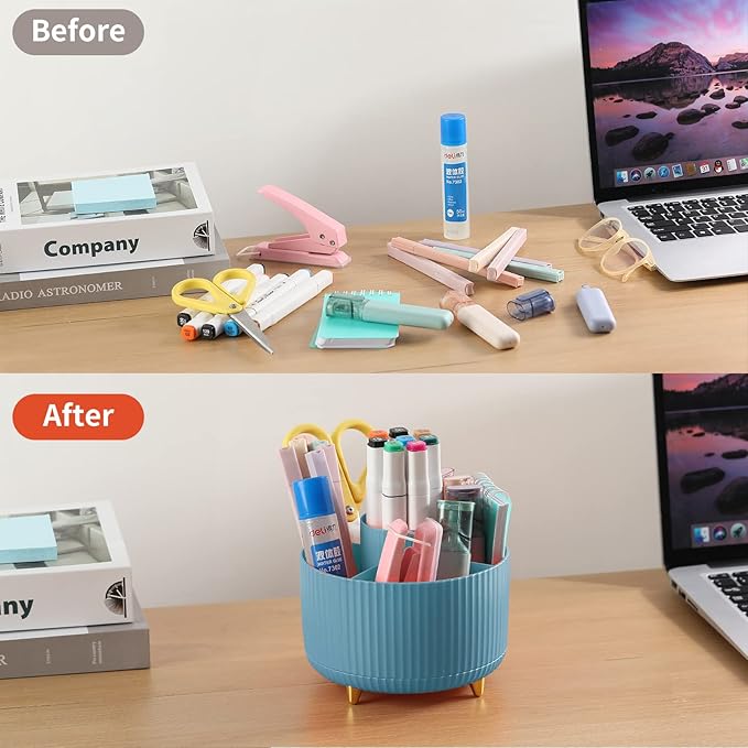 Desk Pencil Pen Holder, 5 Slots 360°Degree Rotating Organizers for, Desktop Storage Stationery Supplies Organizer, Cute Cup Pot Office, School, Home, Art Supply, Blue