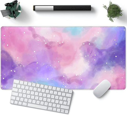 Desk Pad Purple Starry Sky Cute Gaming Mouse Pad Galaxy Gamer Girl Cute Pink Desk Decor Keyboard Desk Mat, Stitched Edges Desktop with Stitched Edges Non-Slip Large Computer Mat 31.5x15.7 in