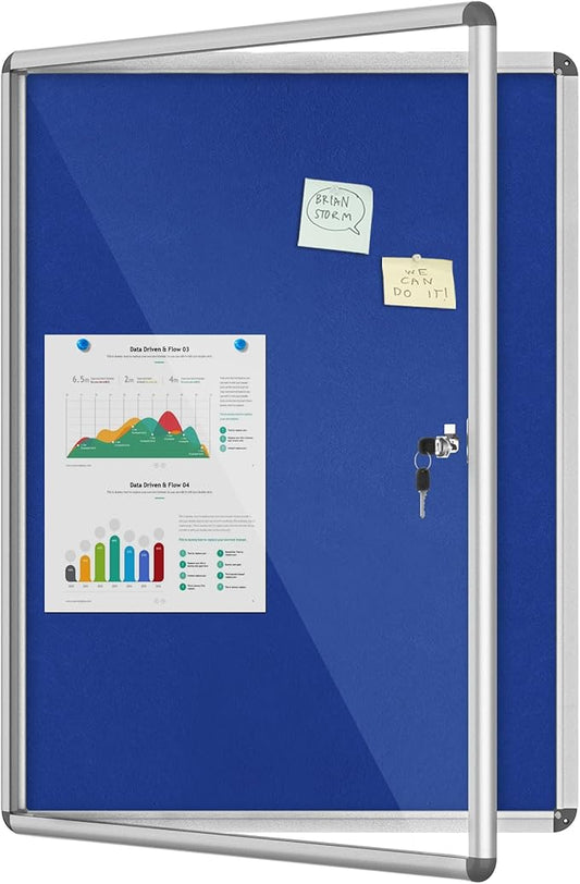 38"x28" Enclosed Bulletin Board, Lockable Weather-Resistant Aluminum Cork Noticeboard for School & Office, Silver Frame w/Blue Flet