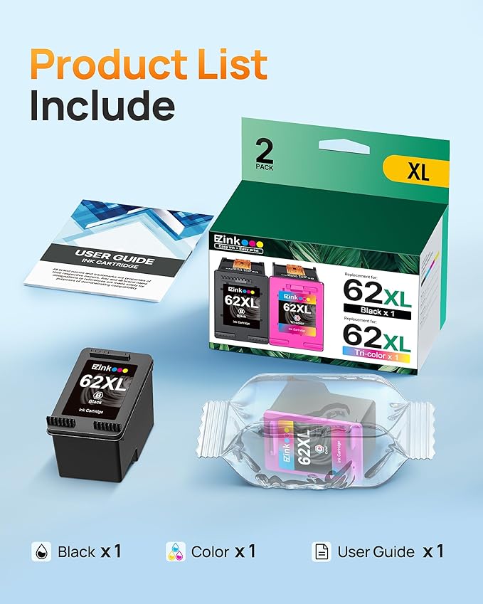 62XL Ink Remanufactured Ink Cartridges for HP 62 Ink 62XL Ink Cartridges Black and Color High Yield Use with HP Envy 5540 5640 5660 7644 OfficeJet 5740 5741 8040 200 250 Series Printer(2-Pack)