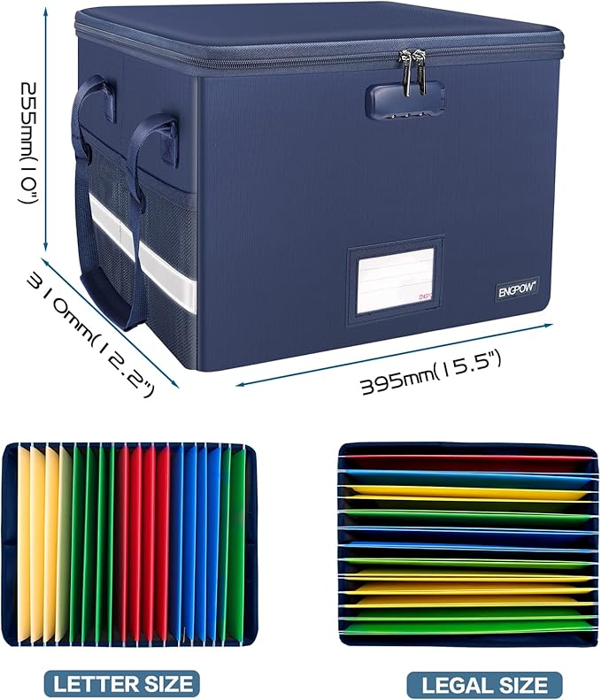 ENGPOW File Box with Lock, Fireproof Document Box with Pockets, Collapsible File Organizer Filing Storage Cabinet with Handle, Portable Home Office Safe for Hanging Letter/Legal Folders, Blue, 2 Pack