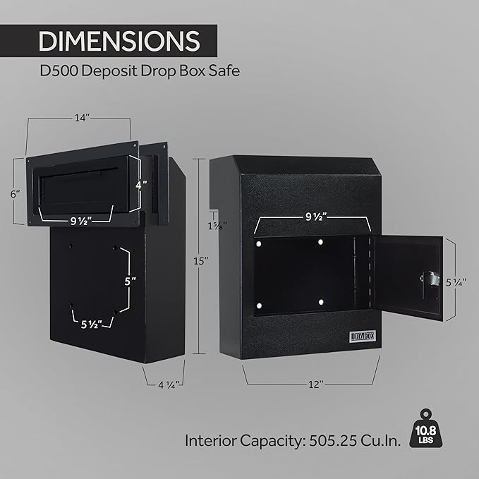 Through-the-Door Drop Box Deposit Safe 12 x 6 x 15" - Heavy Duty Steel Mailbox with Lock for Receiving Mail, Checks, Letters, Cash and more for Home, Office and Commercial Use (D500) (Black)