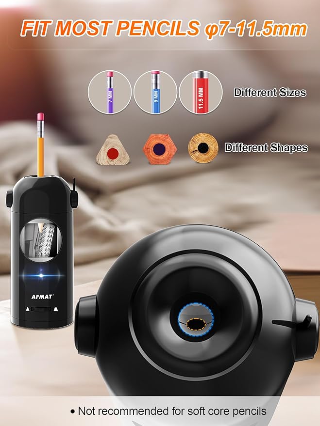 AFMAT Electric Pencil Sharpener for Colored Pencils 7-11.5mm, Robot Pencil Sharpener, Fully Automatic Rechargeable Hands-Free Pencil Sharpener for Large Pencils, Home, Classroom, Battery Operated