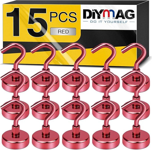 DIYMAG Magnetic Hooks, 30Lbs Strong Heavy Duty Cruise Magnet S-Hooks for Classroom, Fridge, Hanging, Cabins, Grill, Kitchen, Garage, Workplace and Office etc, (15 Pack-Red)
