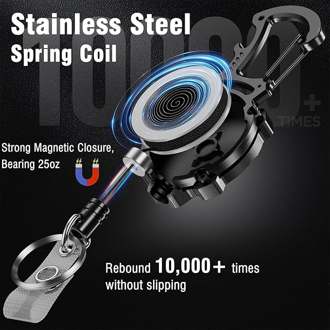 2Pack Heavy Duty Retractable Keychain, Tactical ID Badge Holder Reel Carabiner Clip with Magnetic Closure for Men, Unbreakable Sandwich Construction with 31" Dyneema Cord, Bearing 25oz