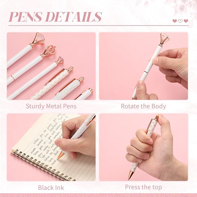 6 Pcs Ballpoint Pens Set Metal Crystal Diamond Pen for Journaling Glitter Pretty Cute Stationery Black Ink Fancy Gifts for Women Girls Teacher Office Wedding School Supplies(White)