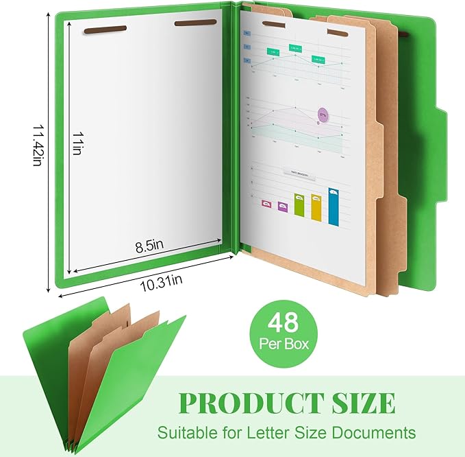 48 Pcs Classification Folders Bulk 2 Dividers File Folder with Fastener 2 Prongs Letter Size Pressboard Filefolders with 3.5 Inch Expansion for Organize Office Medical Document (Green)