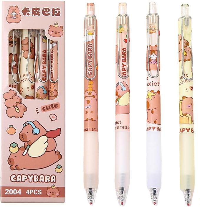 4 Pcs Gel Ink Pens Retractable Pens Cute Capybara Pen 0.5mm Black Ink Pen Writing Pens Office School Supplies for Girls Boys Women Men (Capybara 4Pcs)