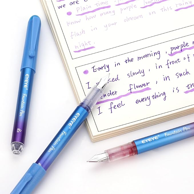 EYEYE Disposable Fountain Pens for Writing, Medium Point Stainless Steel Nib, Pack of 8 Assorted Colors