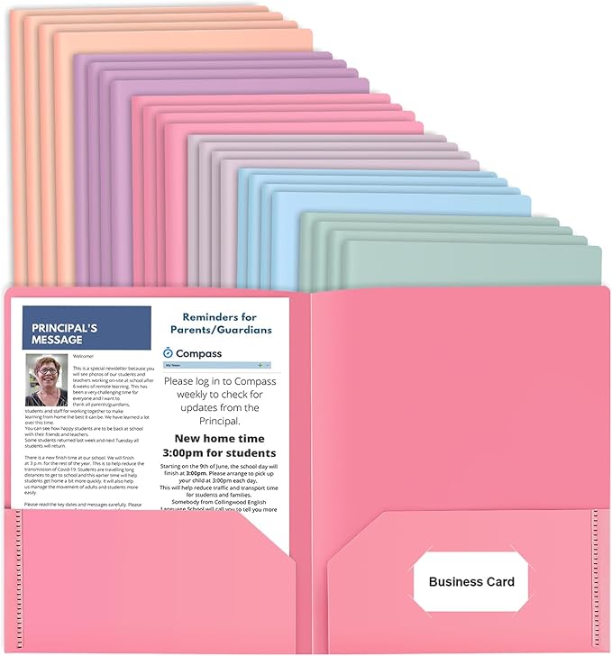24 Pack Colored File Folders with Pockets and Business Card Holder, Pastel Decorative Pocket Folders for Documents, Cute Plastic Folders for Filing Cabinet, School, Office, Resume Portfolio