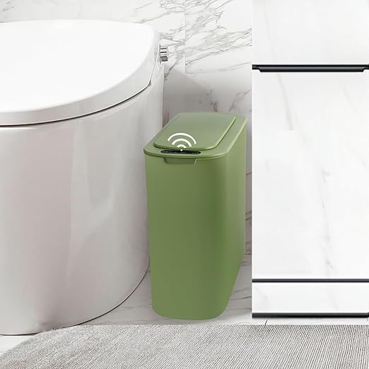 Automatic Motion Sensor Bathroom Trash Can with Lid, 2.6 Gallon Touchless Trash Bin, Smart Garbage Can Plastic Slim Wastebasket for Bedroom, Office, Dorm (Green)