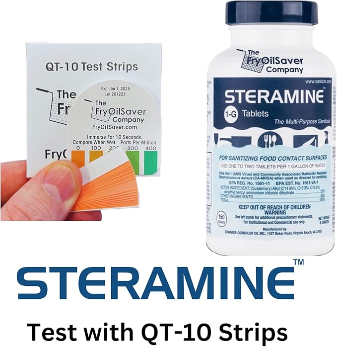 Steramine Sanitizer Tablet w/ 15x QT-10 Test Strips, Multi Purpose Sanitizing Tablet for Food Contact Surface, Kitchen, Restaurant, Steramine Sanitizer Tab for Food Service by FryOilSaver(150 Tablets)