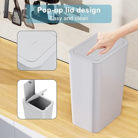 N. NETDOT 3 Pack 10 Liter / 2.6 Gallon Bathroom Trash Can, Small Trash Can with Lid, Garbage Can Waste Basket for Bathroom, Kitchen, Bedroom, Powder Room, Craft Room, Office, College (Gray)