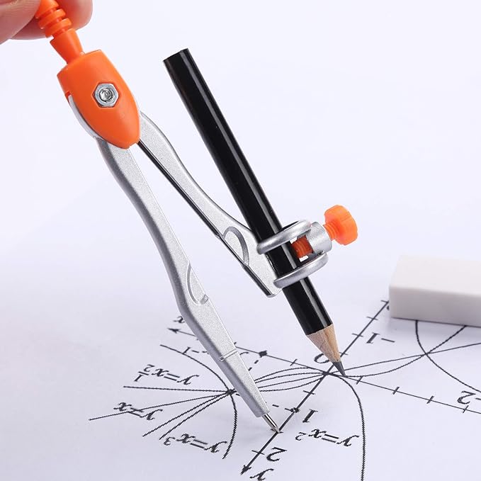 Math Geometry Kit Sets 10 Piece Student Supplies with Shatterproof Storage Box,Includes Rulers,Protractor,Compass,Eraser,Pencil Sharpener,Lead Refills,Pencil,for Drafting and Drawings（Orange）