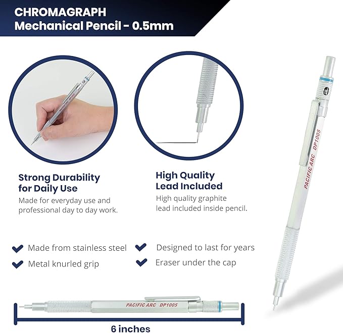 Pacific Arc Chromagraph Metal Mechanical Pencil .5 mm Silver Barrel Mechanical Pencil with Built In Lead Pencil Grade Indicator, Lead Pencil Holder for Drafting, Sketching, and Drawing