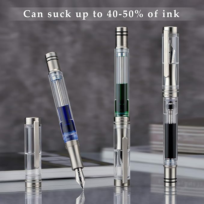 Asvine V200 Titanium Fountain Pen Vacuum Filling, Iridium Medium Nib Clear Transparent Acrylic Smooth Writing Pen Case Set