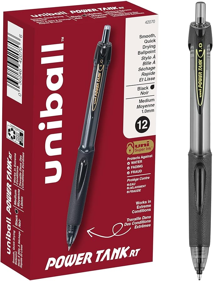 uniball Power Tank Rt Ballpoint Pen, Retractable, Bold 1 Mm, Black Ink, Smoke/black Barrel, Dozen