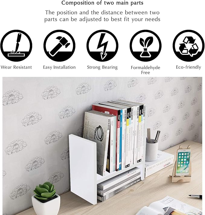 Jerry & Maggie Desktop Organizer Office Storage Rack Adjustable Wood Display Shelf Free Style Double H, Multi-Functional Mini Bookshelf for Desk Natural Stand (White)