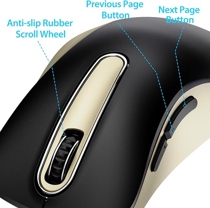 memzuoix 2.4G Wireless Mouse, 1400 DPI Computer Mice with USB Receiver, Portable Wireless USB Battery Powered Cordless Mouse for Laptop, PC, Desktop, 5 Buttons (Black Gold)