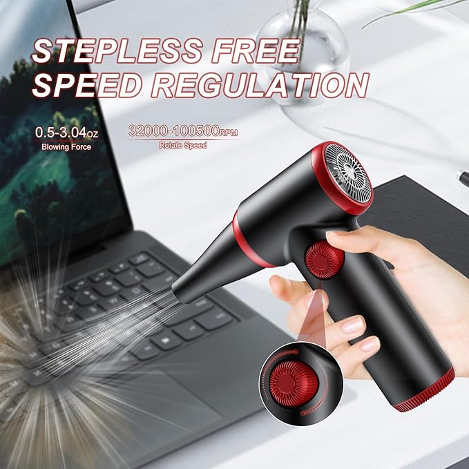 ATEngeus Compressed Air Duster, Stepless Speed Electric Air Duster, 100500RPM Cordless Air Duster with LED Light, Rechargeable Air Blower Replaces Canned Air, Keyboard Cleaner for Laptop, PC