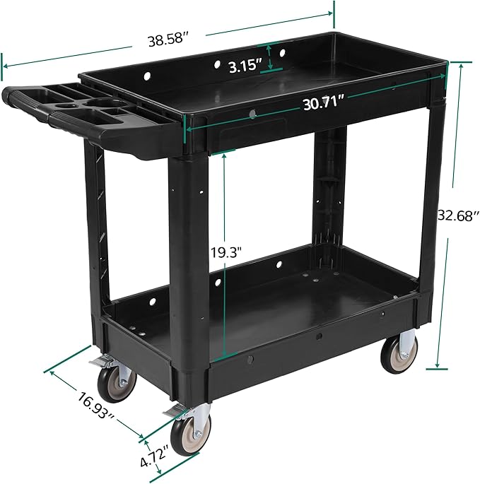 Elevon Service Utility Cart, 2-Shelf 550LBS Heavy Duty Plastic Rolling Tool Cart 2 Swivel Casters with Brakes, Ergonomic Storage Handle for Warehouse, Garage, Cleaning, Manufacturing - Black