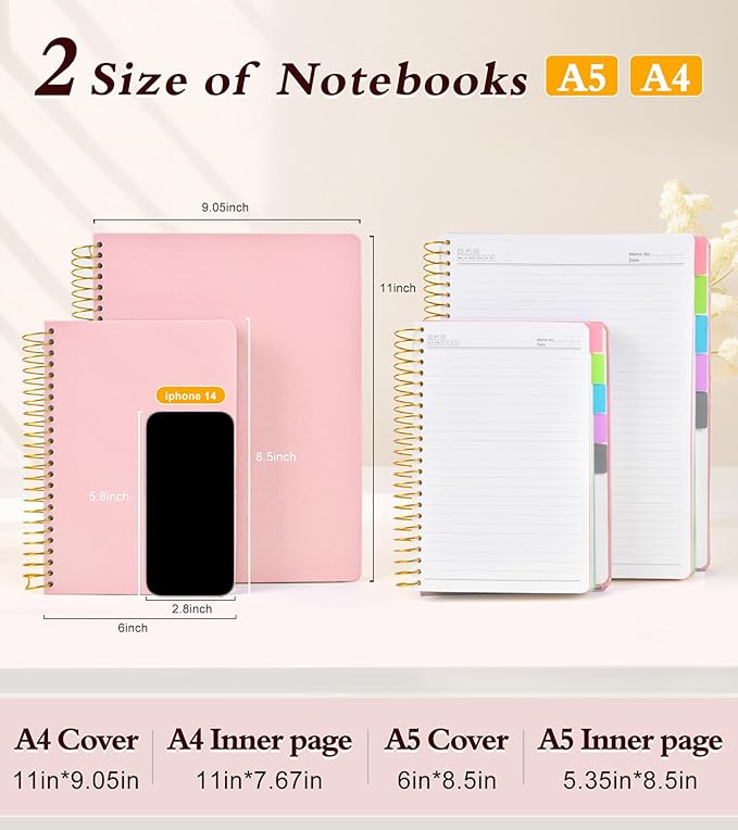 5 Subject Notebook College Ruled, Hardcover Spiral Notebook with Removable Pocket Dividers Tabs, 240 Pages Lined Spiral Journal Notebook for Women, 6x8.5 Notebooks for Work School Note taking A5 Pink