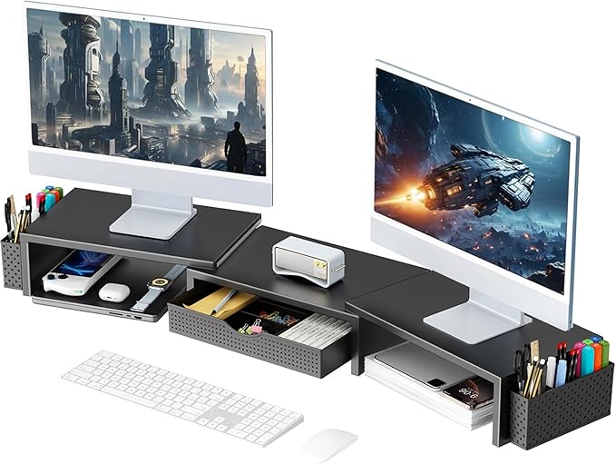 gianotter Dual Monitor Stand Riser, Desk Organizer With Drawer and 2 Pen Holders, Computer Monitor Stand, Desk Shelf for Top of Desk, Balck