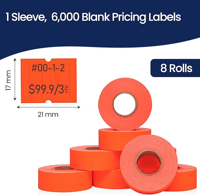 Perco 2 Line Fluorescent Red Labels - 8 Rolls, 1 Sleeve, 6,000 Blank Price and Date Gun Labels for Perco 2 Line Price and Date Guns - Made in USA