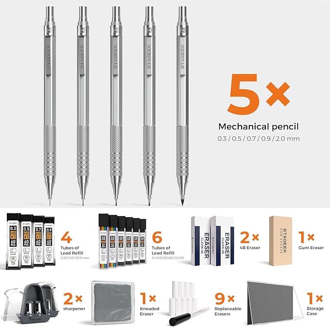 21PCS Metal Mechanical Pencil Set, Art Lead Pencil 0.3, 0.5, 0.7, 0.9, 2mm Holder(HB 2H 2B 4B Color) with 10 Tubes Graphite Lead Refills Eraser with Case for Drafting Drawing Sketching