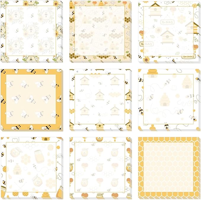 9 Pieces Bee Sticky Notes Adhesive Bee Memo Notes Self-Stick Note Pads for Spring Summer School Office Home Supplies Students Teachers Presents, 9 Styles