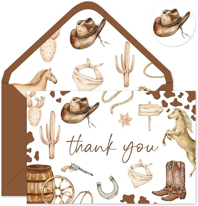 24 Pack Western Cowboy Thank You Cards Brown Cowboy Hat Boots Horse Note Cards with Envelopes Stickers Greeting Blank Cards for Birthday Baby Shower
