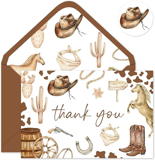 24 Pack Western Cowboy Thank You Cards Brown Cowboy Hat Boots Horse Note Cards with Envelopes Stickers Greeting Blank Cards for Birthday Baby Shower