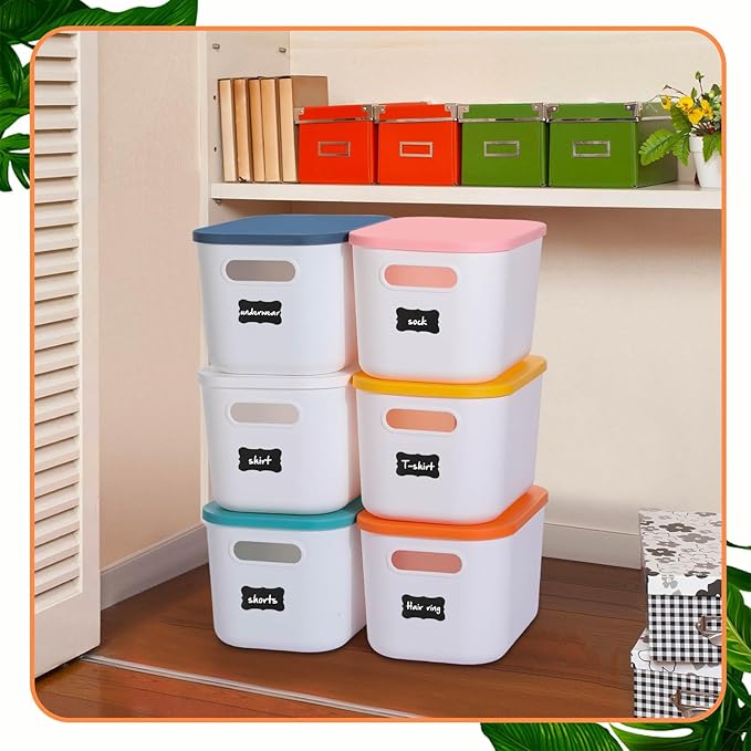 Thyle 12 Pack Plastic Storage Bins with Lids and Handles Colorful Stackable Desktop Storage Box Bins with Marker Label for Office Classroom Cabinet Shelf Drawer Kitchen, 10x7x6 Inch(White, Ivory)