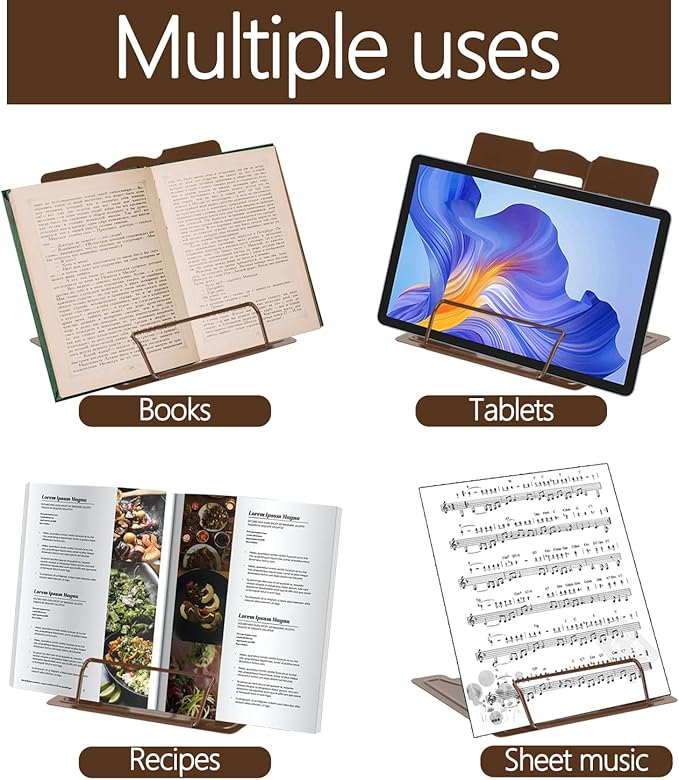 Metal Book Stand - Adjustable Book Holder for Reading (Full Brown)