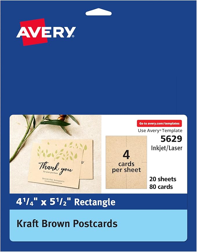 Avery Kraft Brown Postcards, 4.25" x 5.5", Laser/Inkjet, 80 Printable Postcards, Also Great for Thank You Cards and Invitations (5629)