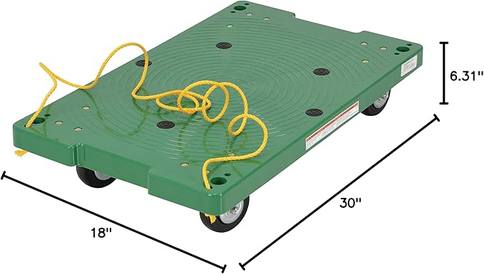 Vestil POS-1830-ROPE Plastic Office Dolly with Pull Rope, 500 lbs Capacity, 30" Length x 18" Width x 6" Height Deck , Green